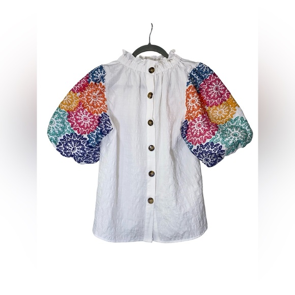 HTML  top white balloon/ puff short Sleeve with Embroidery size S boho chic - Picture 7 of 8